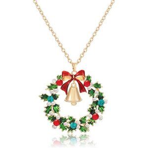 Christmas Necklace for Women Glitzy Rhinestone Wreath Bell Pendant Jewelry Gift